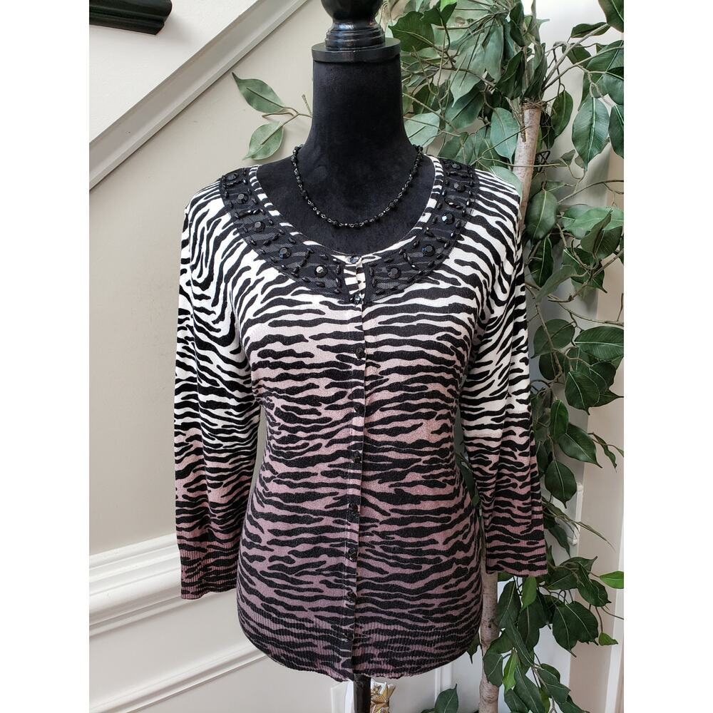 Carolyn Taylor Sweater Womens M Black‎ White Zebra Print Lace Trim Rhinestone